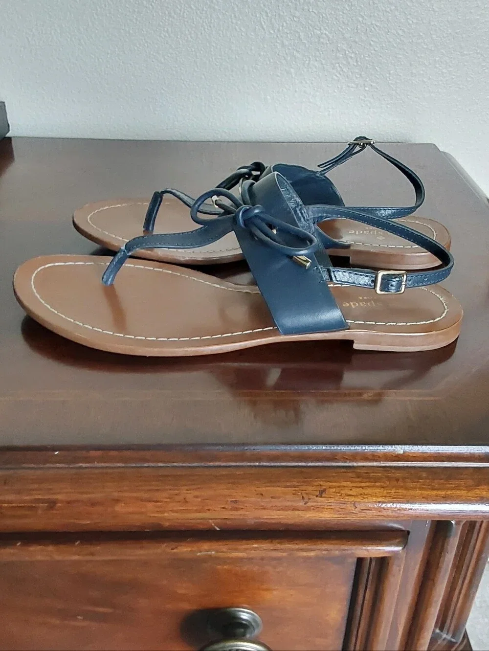 kate spade Black Strappy  Carolina Leather Thong Sandals with Brown Footbed